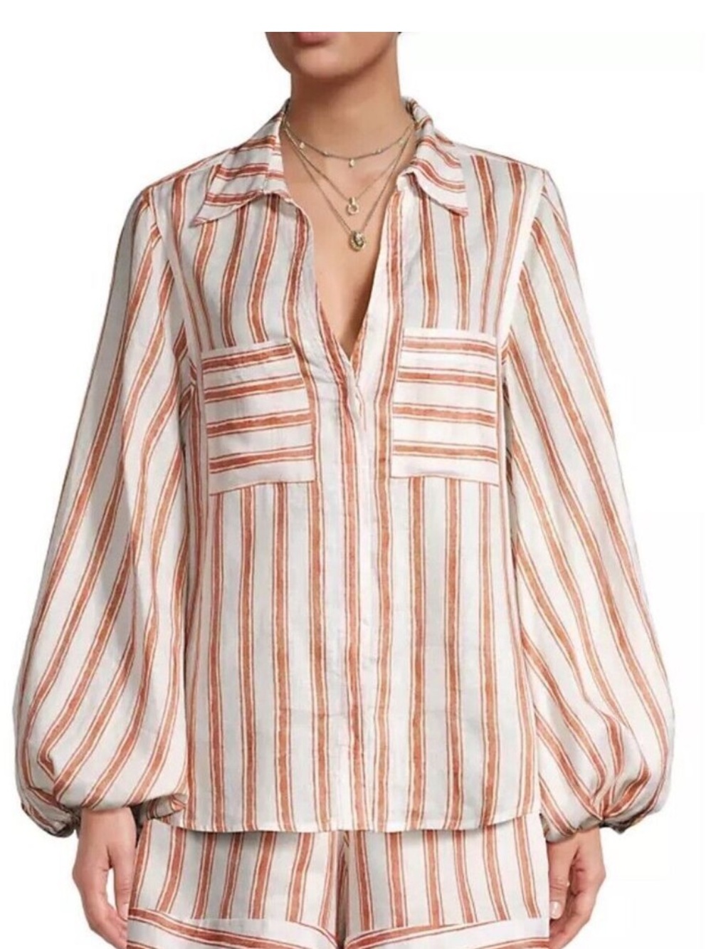 SANCIA The Ellie Hidden Button Placket Linen Ballon Sleeve Front Pockets Shirt M